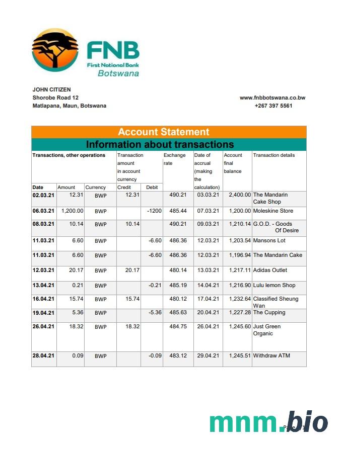 Botswana Bank Gaborone szablon wyciągu bankowego w programie Word i PDF